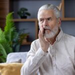 Senior man touching his cheek, showing signs of toothache