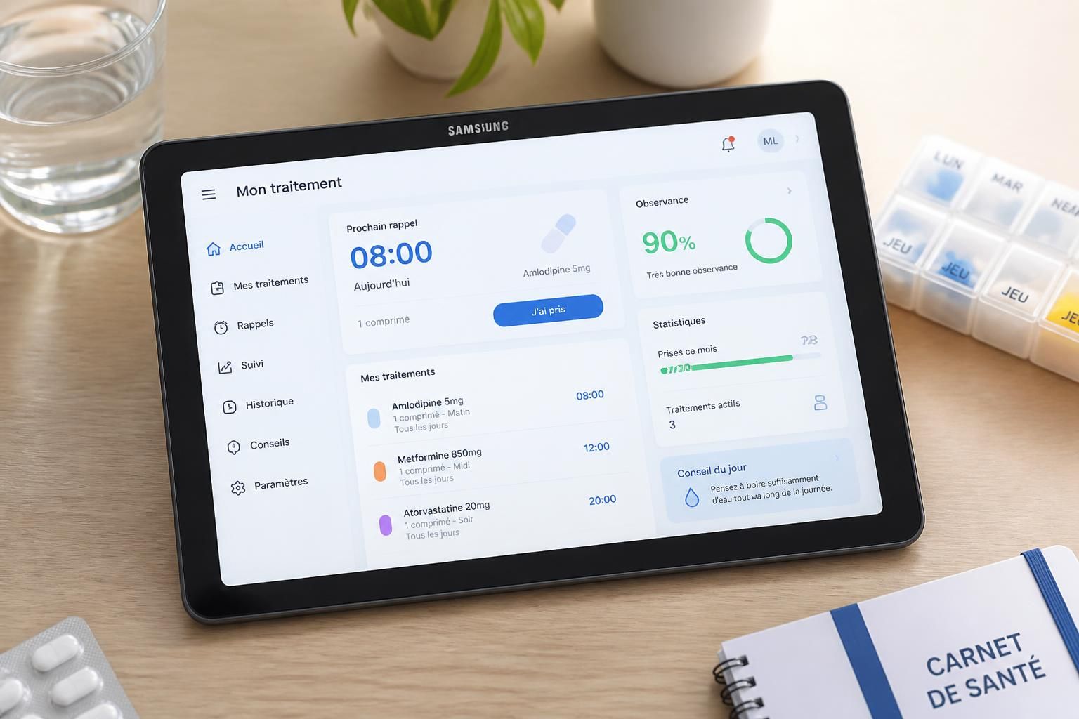 découvrez comment gérer vos traitements médicaux facilement grâce aux rappels et à l'observance médicale sur tablette samsung, pour une meilleure santé au quotidien.