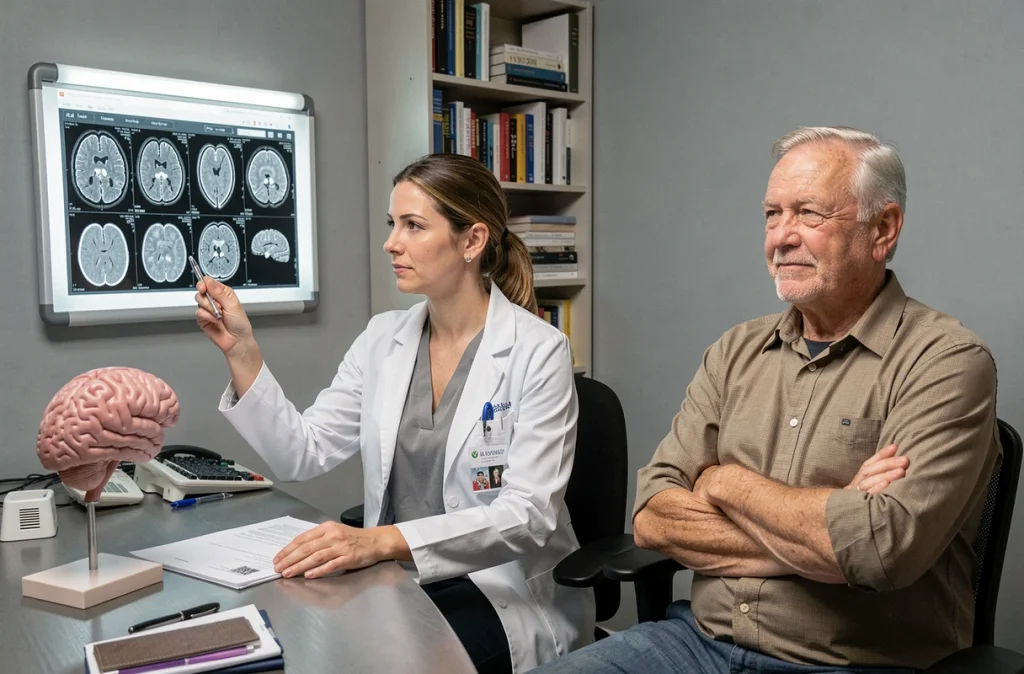 Une neurologue montrant des images cérébrales à un patient âgé peu conscient de sa pathologie lors d'une consultation médicale