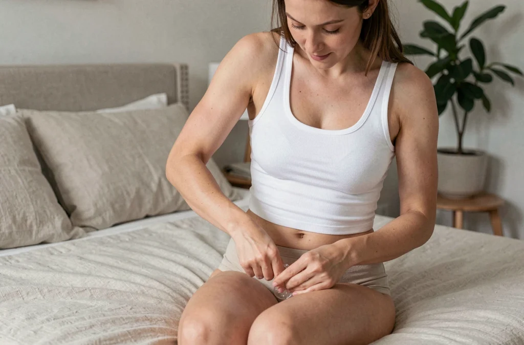 Femme appliquant un gel exfoliant sur la zone du bikini pour éviter les boutons et poils incarnés après épilation