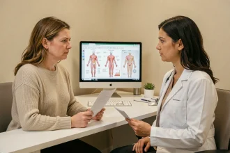 Consultation gynécologique après diagnostic de polype utérin, patiente et médecin en discussion dans un cabinet médical moderne