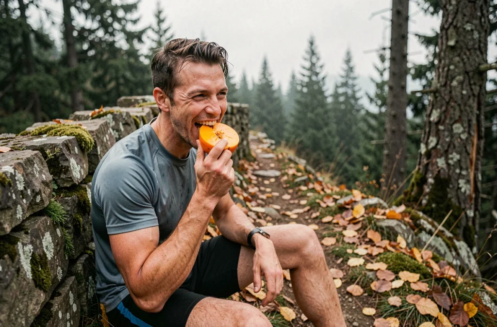 Coureur de trail mangeant un kaki coupé en deux lors d'une pause en montagne, symbolisant l'hydratation et l'énergie naturelle pour les sportifs