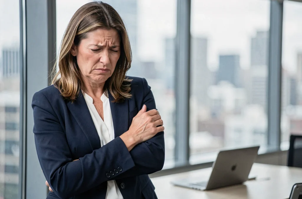Femme en costume tenant son bras gauche douloureux dans un bureau, illustrant une douleur musculaire au bras en milieu professionnel