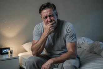 Homme d'âge mûr assis sur son lit la nuit, tenant sa mâchoire avec une expression de douleur, illustrant les symptômes nocturnes du cancer de la mâchoire