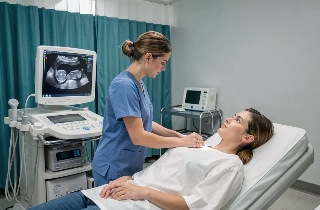 Échographie utérine réalisée par une technicienne médicale pour détecter un polype utérin dans une salle d'imagerie hospitalière
