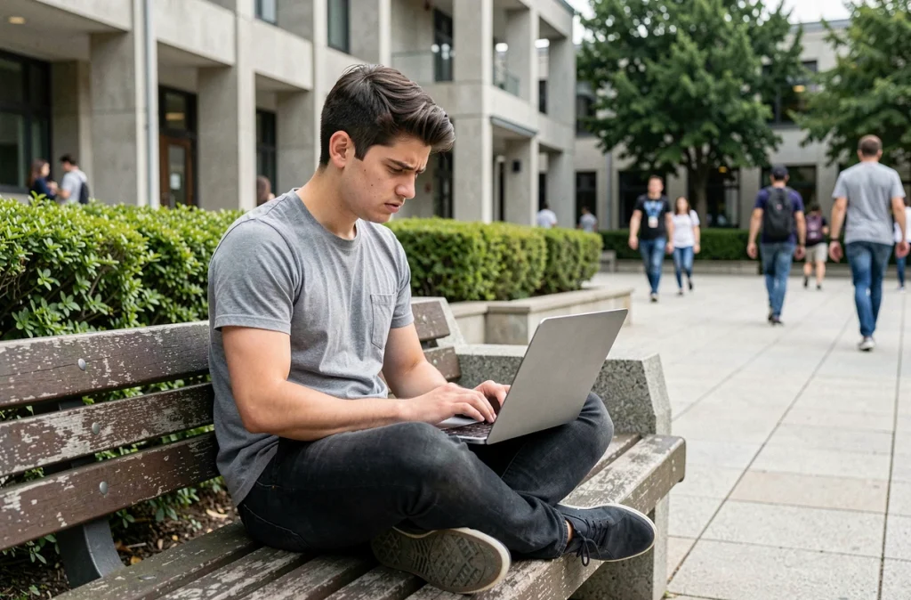 Étudiant résolvant un problème de connexion à son espace numérique universitaire en extérieur sur le campus