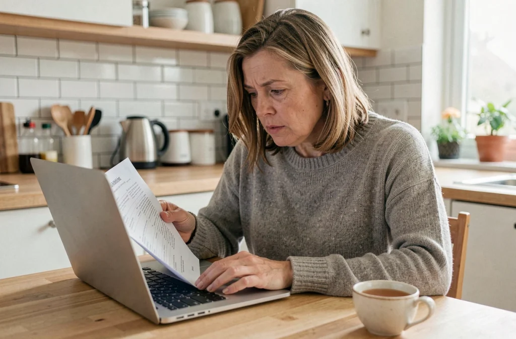 Femme d'âge moyen consultant ses résultats d'analyse de sang avec le taux de GGT sur un ordinateur portable à la maison