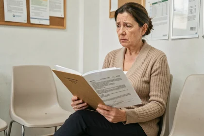 Femme d'une cinquantaine d'années tenant un dossier MDPH dans une salle d'attente administrative, illustrant la reconnaissance de la discopathie dégénérative