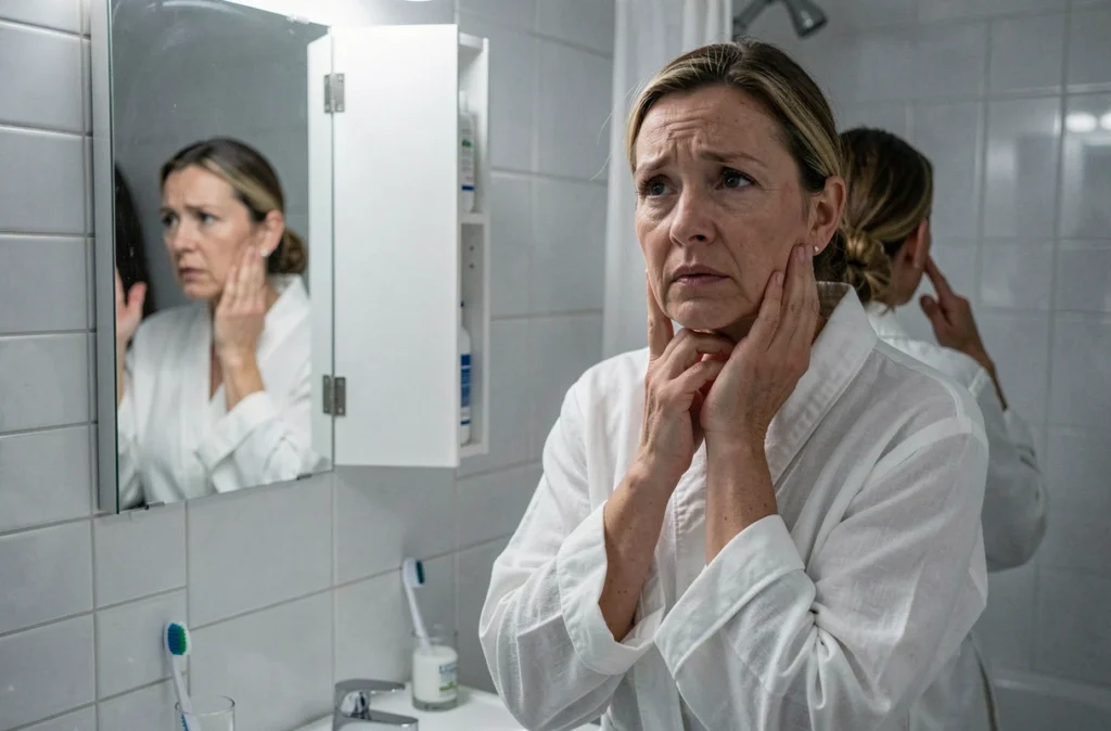Femme en robe de chambre blanche dans sa salle de bain la nuit, touchant sa mâchoire devant le miroir, symbolisant l'inquiétude face aux douleurs nocturnes de la mâchoire