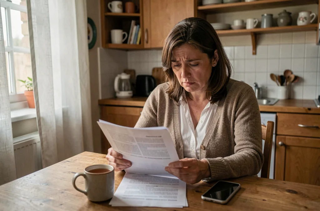 Femme lisant des informations médicales sur le polype utérin à la maison, avec une expression pensive et inquiète