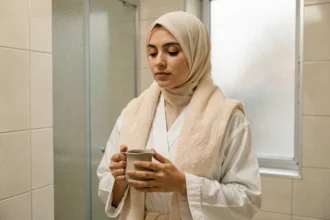 Femme musulmane en robe blanche tenant une aiguière dans une salle de bain épurée, symbolisant les ablutions rituelles pendant le Ramadan