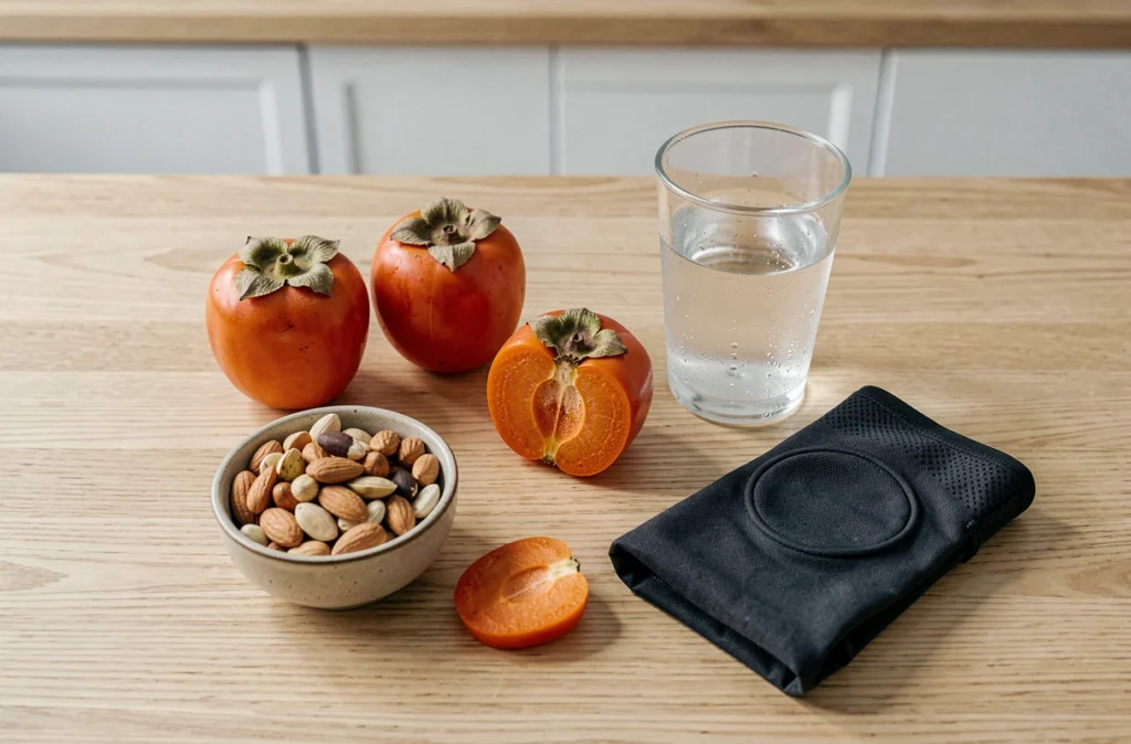 Composition flat-lay de kakis frais, noix et accessoires de sport sur un plan de travail en bois, illustrant les bienfaits nutritionnels du kaki pour les sportifs
