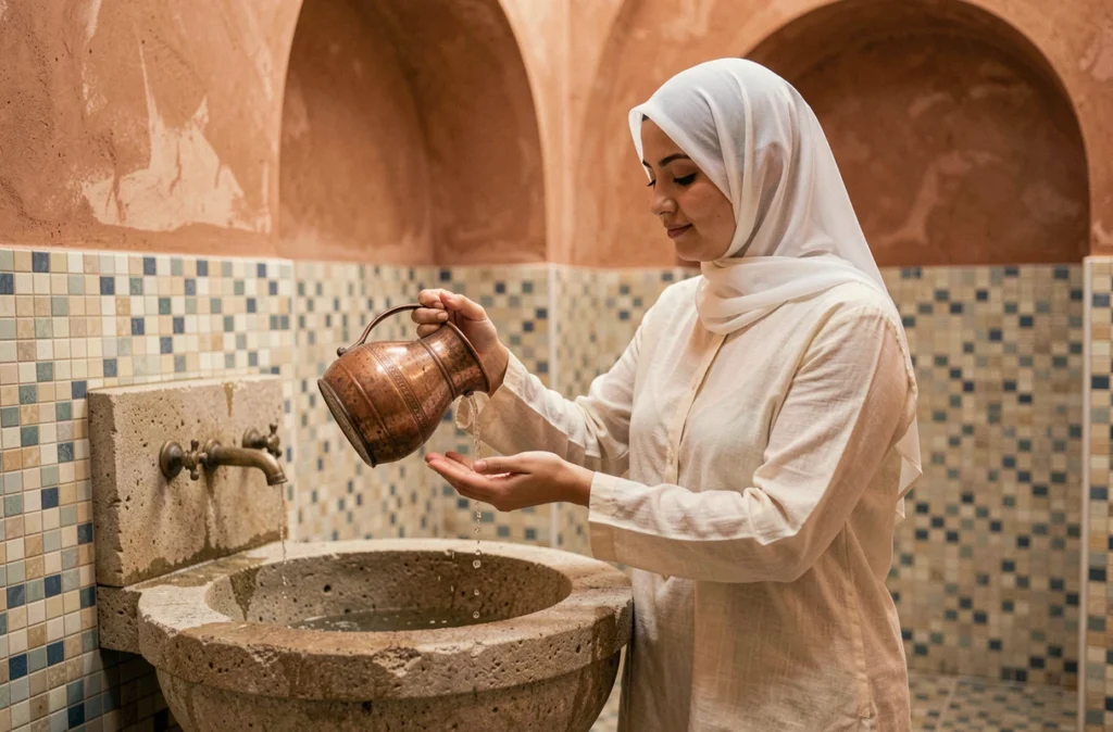 Femme portant un hijab blanc versant de l'eau depuis une aiguière en cuivre dans un hammam traditionnel aux mosaïques bleues, évoquant les grandes ablutions du Ramadan