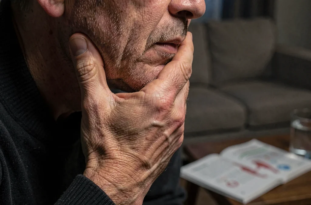 Gros plan sur la mâchoire et la main d'un homme d'âge mûr en pleine nuit, illustrant une douleur localisée à la mâchoire pouvant évoquer un symptôme de cancer