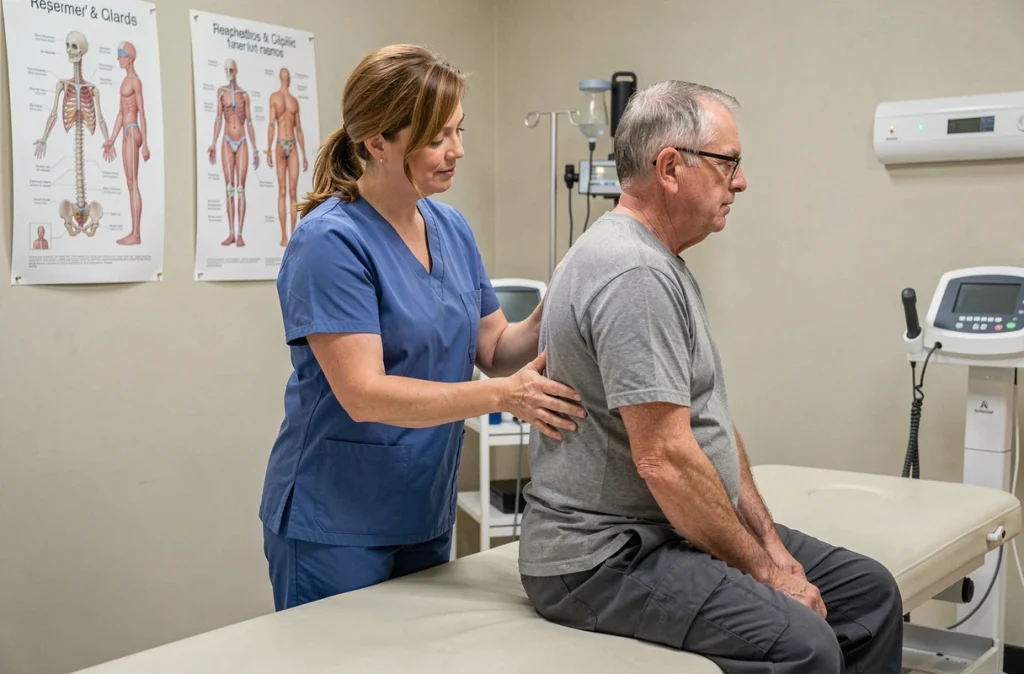 Kinésithérapeute examinant le dos d'un patient atteint de discopathie dégénérative dans un cabinet de rééducation, en lien avec la prise en charge MDPH