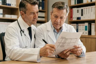 Médecin examinant les résultats d'une analyse de sang incluant le taux de gamma-glutamyl transférase dans un cabinet médical