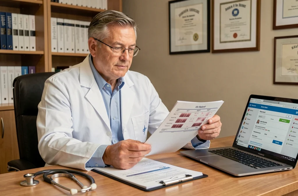 Médecin gastro-entérologue consultant les résultats d'analyse du foie avec taux SGPT en cabinet