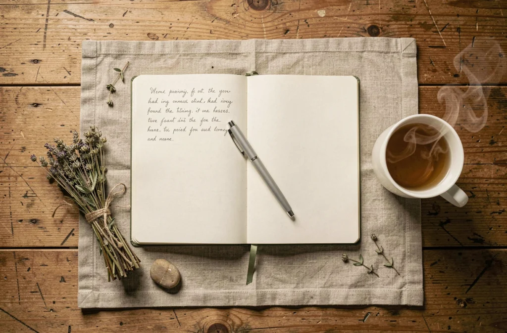 Mise en scène minimaliste pour un rituel de pleine lune : journal, herbes séchées, pierre et tisane sur bois naturel