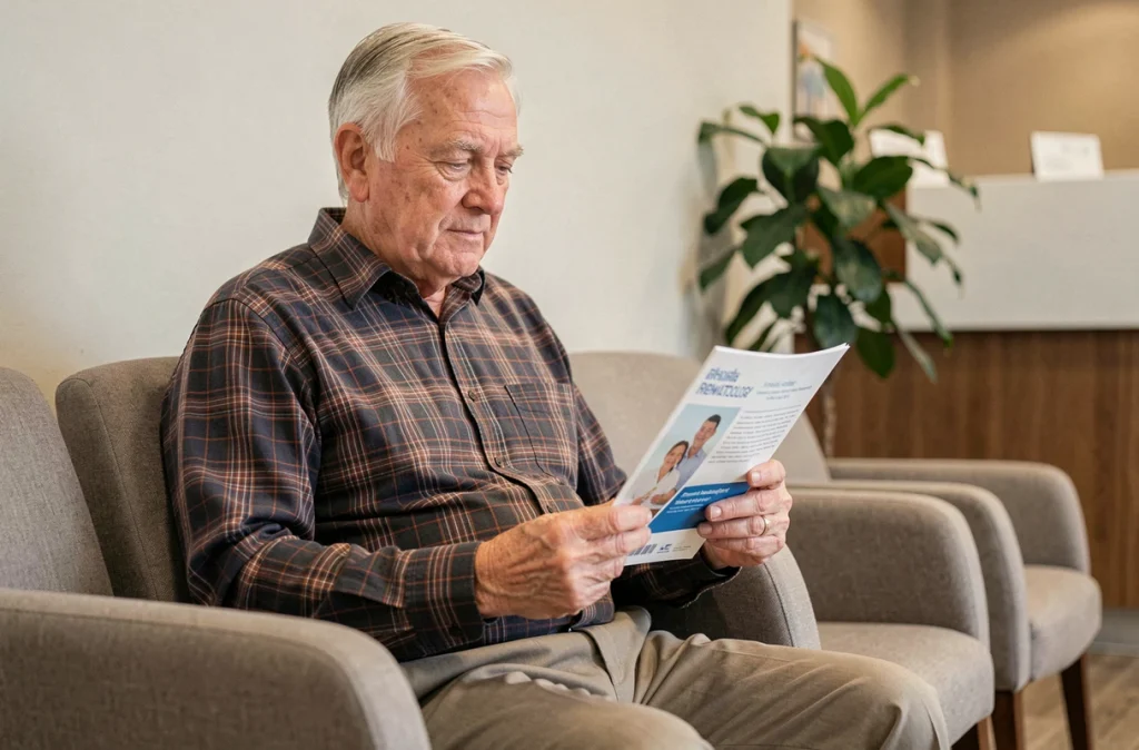 Patient âgé lisant une brochure dans la salle d'attente d'un cabinet rhumatologique à Nîmes
