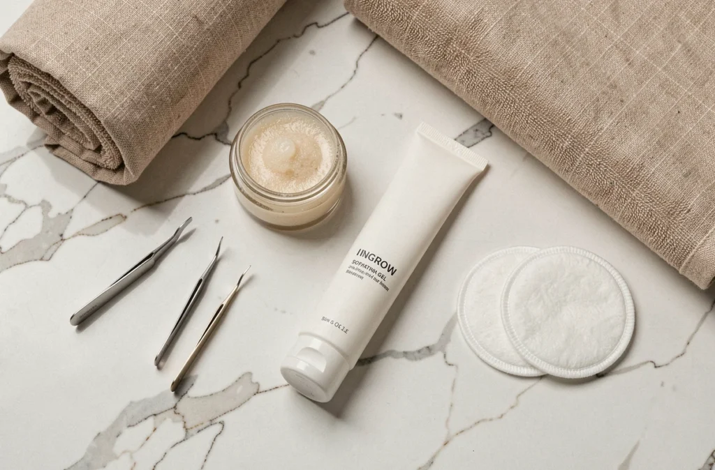 Flatlay de produits de soin pour prévenir les poils incarnés après épilation posés sur un comptoir en marbre blanc