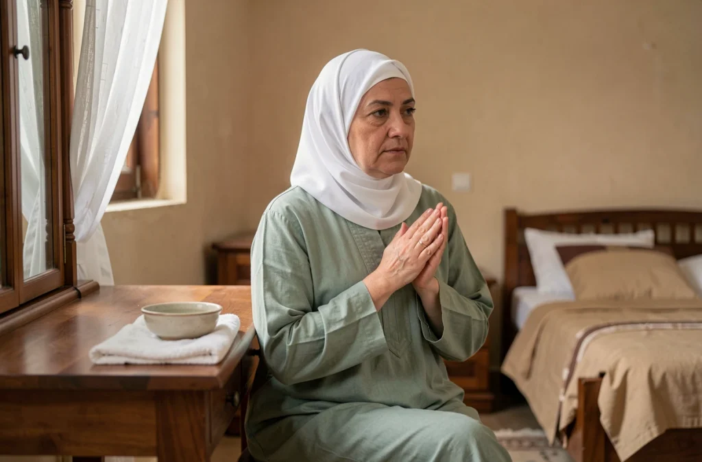 Femme voilée en robe verte assise devant une vasque en céramique dans une chambre aux tons chauds, représentant la purification rituelle islamique