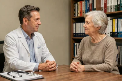 Rhumatologue de Nîmes en consultation avec une patiente âgée dans un cabinet médical professionnel