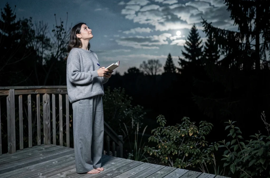 Femme dehors sous la pleine lune tenant un carnet pour un rituel de lâcher-prise, entourée de nature