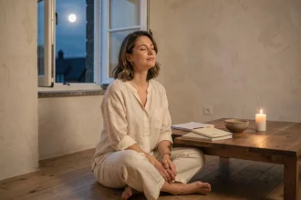 Femme pratiquant un rituel de pleine lune en intérieur, assise en méditation près d'une fenêtre ouverte la nuit