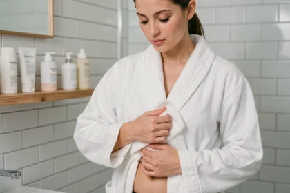 Femme en peignoir blanc appliquant un soin après épilation dans une salle de bain minimaliste pour prévenir les poils incarnés