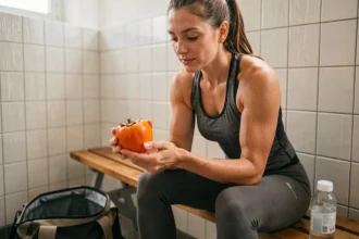 Sportive tenant un kaki après l'entraînement dans un vestiaire, illustrant la récupération musculaire grâce aux bienfaits du kaki