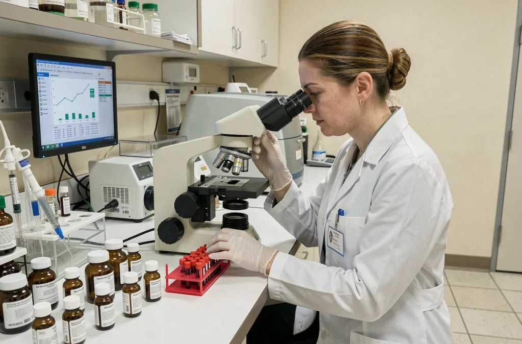 Technicienne de laboratoire analysant des échantillons sanguins pour le dosage des transaminases SGPT