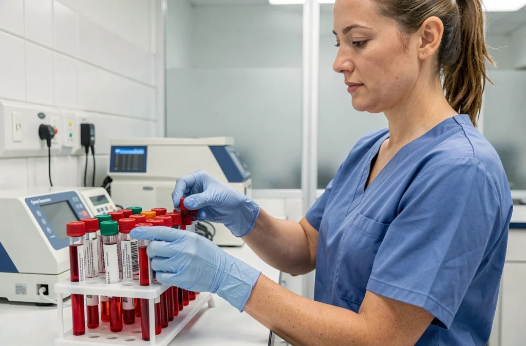 Technicienne de laboratoire manipulant des tubes d'échantillons sanguins pour une analyse biochimique incluant la GGT