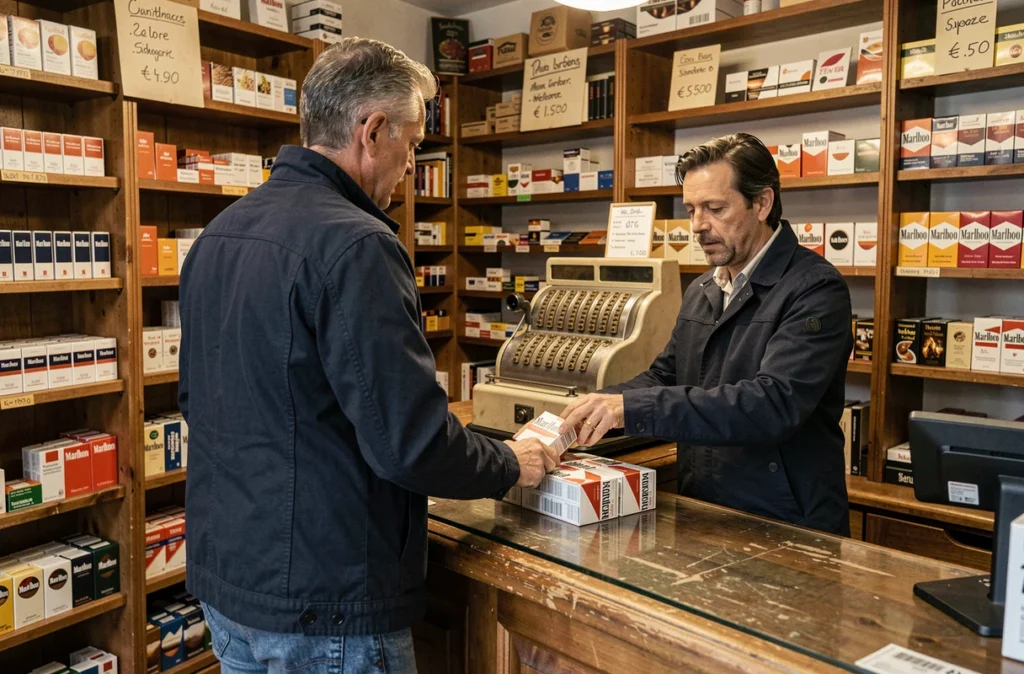 Homme achetant des cartouches de cigarettes Marlboro dans un bureau de tabac allemand pour faire des économies