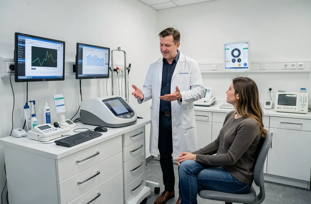 Cabinet du Dr Frédéric Aubert à Saint-Martin-le-Noeud avec explication des résultats d'examen ophtalmologique