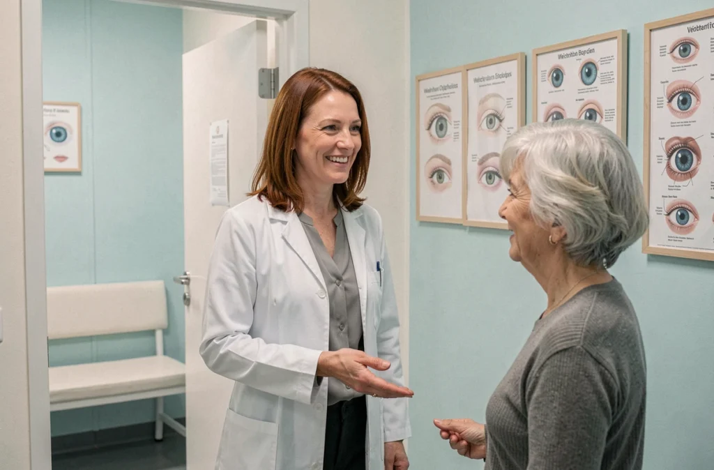 Cabinet du Dr Sophie Delbarre à Méru avec ophtalmologiste accueillant une patiente senior