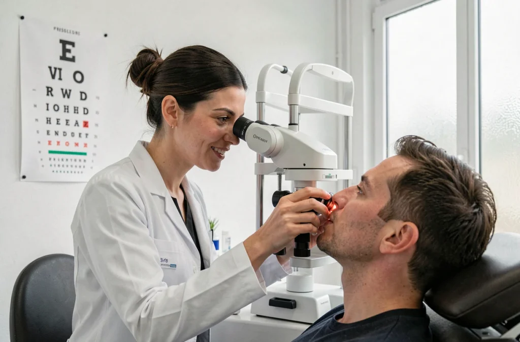 Cabinet du Dr Nathalie Girard à Villers-Saint-Paul avec ophtalmologiste réalisant un examen à la lampe à fente