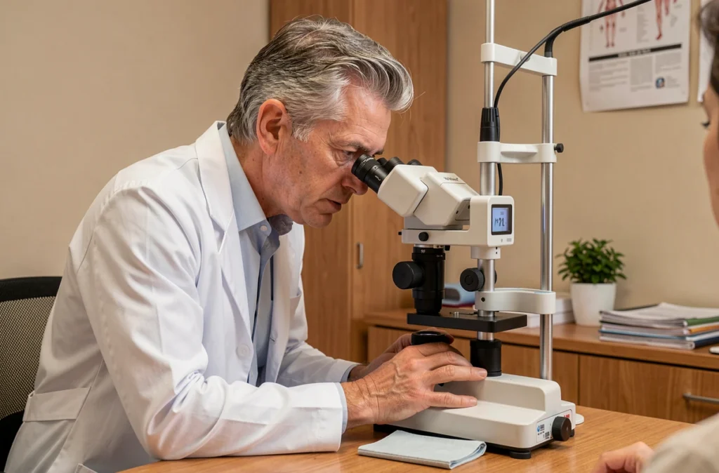 Cabinet du Dr Alain Mugnier à Creil, ophtalmologue examinant un patient avec une lampe à fente