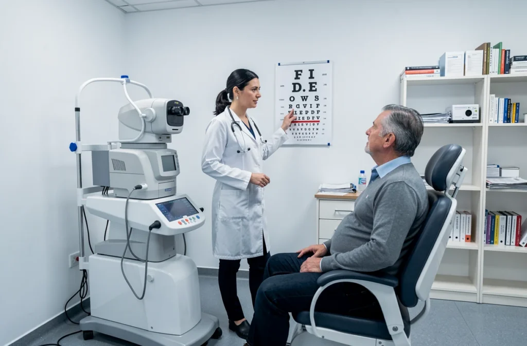 Centre ophtalmologique de Compiègne avec ophtalmologiste et patient lors d'un examen de la vue