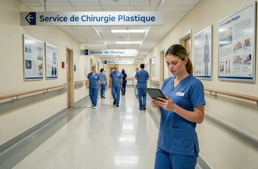 Couloir du service de chirurgie plastique du CHU d'Angers avec personnel soignant en tenue médicale