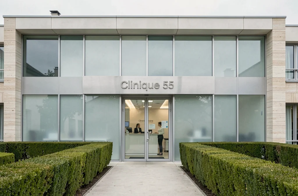 Façade moderne de la Clinique 55, établissement autonome de chirurgie esthétique avec entrée vitrée et signalétique