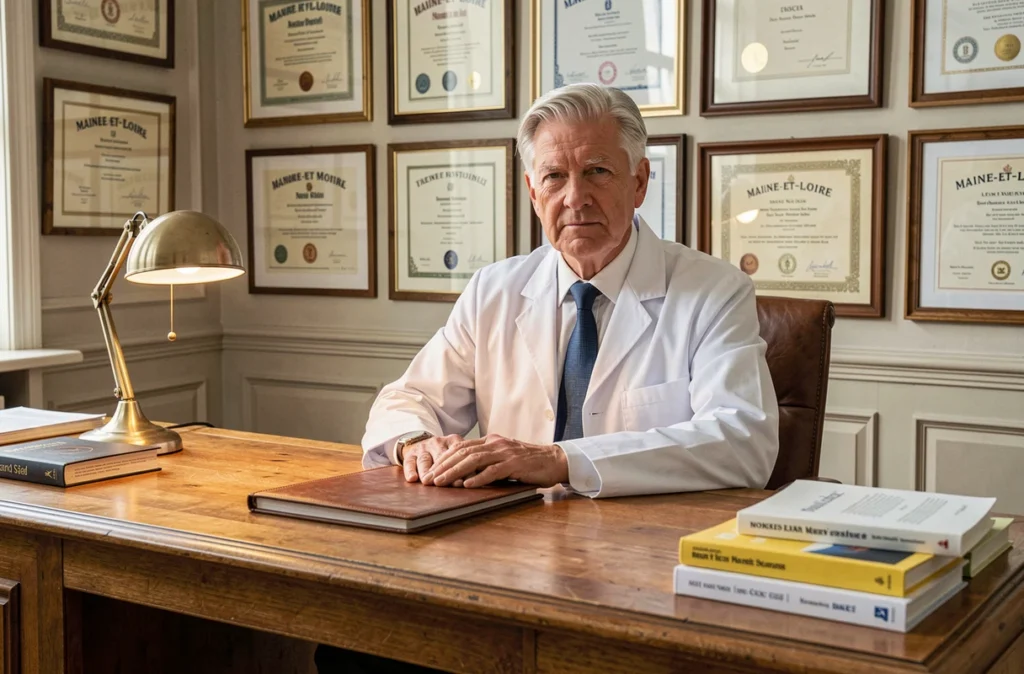 Spécialiste médical chevronné assis derrière son bureau en bois dans un cabinet classique en Maine-et-Loire