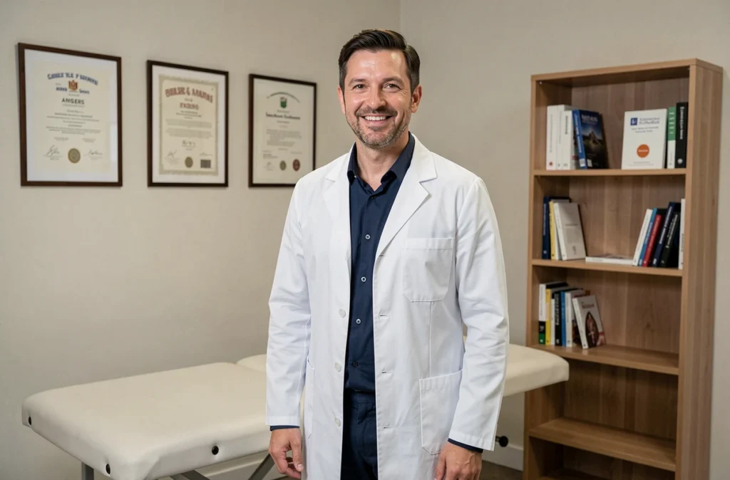 Médecin esthétique souriant en blouse blanche dans son cabinet contemporain à Angers