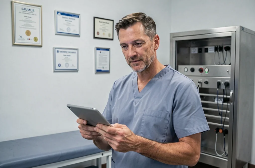Praticien médical en tenue chirurgicale consultant une tablette dans son cabinet à Saumur