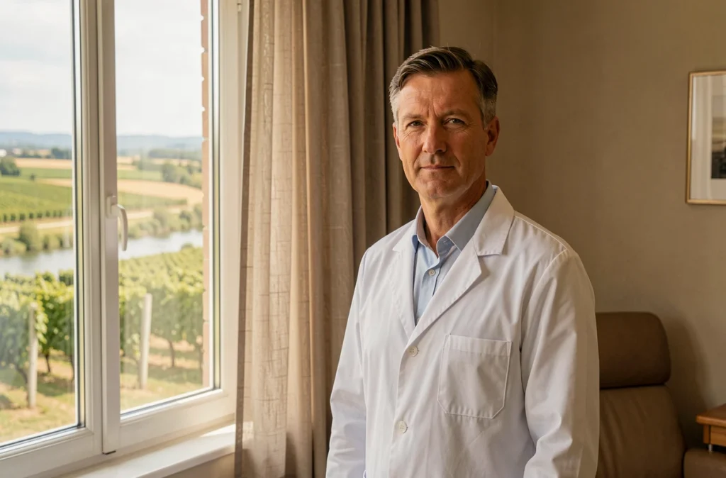 Praticien en blouse blanche dans un cabinet de consultation à Saumur avec vue sur la campagne ligérienne