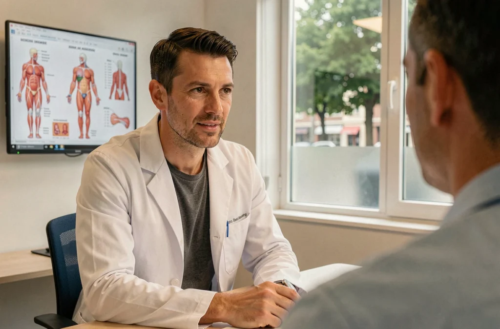 Chirurgien esthétique en consultation attentive dans son cabinet moderne à Angers