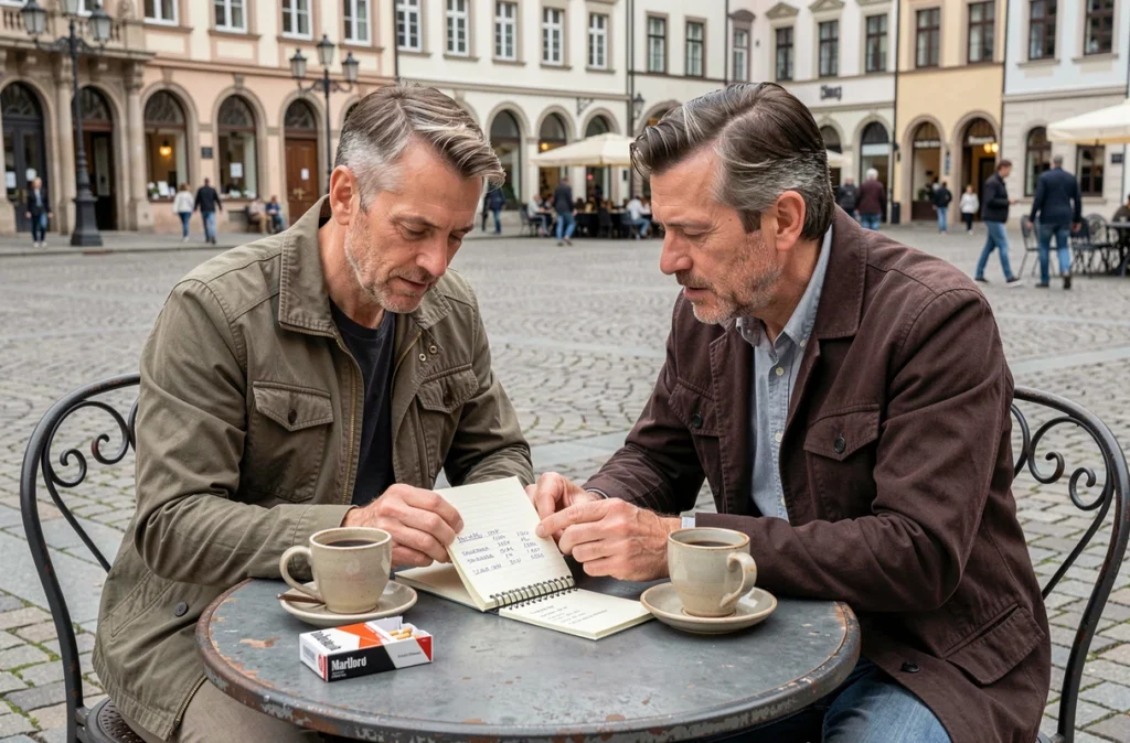 Couple calculant les économies réalisées sur l'achat de cigarettes Marlboro lors d'un week-end shopping en Allemagne