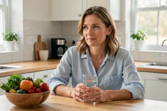 Femme buvant un verre d'eau accompagné de fruits et légumes frais pour favoriser le transit intestinal