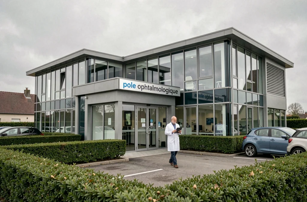 Bâtiment moderne du PO2 Pôle Oise Ophtalmologie à Chamant avec un médecin en blouse blanche à l'entrée