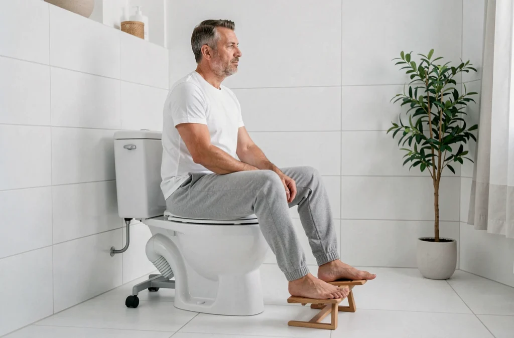 Homme en position squatting sur un tabouret ergonomique aux toilettes pour faciliter l'évacuation des selles