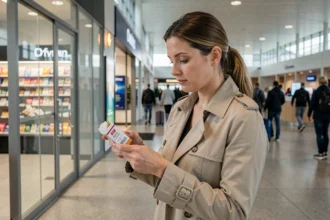 Femme comparant les prix de cigarettes Marlboro dans un aéroport allemand lors d'un voyage shopping